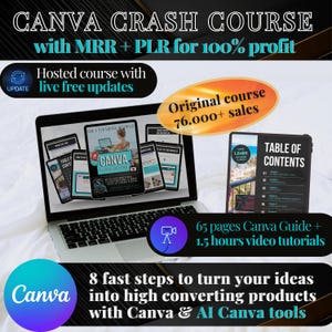 Könnte beinhalten: Ein Laptop und ein Tablet zeigen einen Canva Crashkurs. Das Bild enthält Text: "Gehosteter Kurs mit Live-Updates", "Originalkurs 76.000+ Verkäufe" und "8 schnelle Schritte, um Ihre Ideen in Produkte mit hoher Konvertierung umzuwandeln".