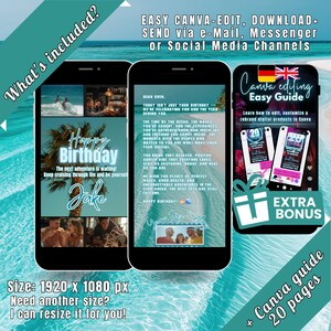 K&ouml;nnte beinhalten: Werbung f&uuml;r ein digitales Produkt mit drei Smartphones. Die Bildschirme zeigen Geburtstagsnachrichten und eine Canva-Bearbeitungsanleitung. Text enth&auml;lt "Happy Birthday", "Easy Canva-Edit" und "Extra Bonus". Der Hintergrund ist eine t&uuml;rkisfarbene Wasserszene.