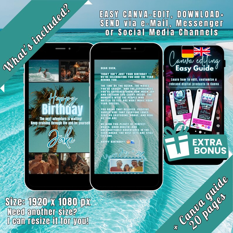 K&ouml;nnte beinhalten: Werbung f&uuml;r ein digitales Produkt mit drei Smartphones. Die Bildschirme zeigen Geburtstagsnachrichten und eine Canva-Bearbeitungsanleitung. Text enth&auml;lt "Happy Birthday", "Easy Canva-Edit" und "Extra Bonus". Der Hintergrund ist eine t&uuml;rkisfarbene Wasserszene.