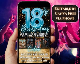 18th birthday invitation neon party invite Canva template, editable digital download for social media