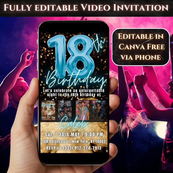 18th birthday invitation neon party invite Canva template, editable digital download for social media