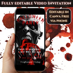 Könnte beinhalten: Ein Smartphone zeigt eine Halloween-Party-Einladung. Die Einladung zeigt eine Graustufen-Zombie-Grafik mit roten Akzenten und dem Text "Halloween Party". Das Telefon wird in einer Hand vor einem Blutspritzer-Hintergrund gehalten.