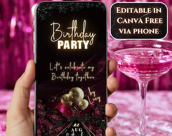 Birthday Video Invitation Template – Editable Canva Birthday Invite – Digital Party Invitation – Red Rose Birthday Invite