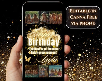 Editable Birthday Video card, Gold Glam Birthday card, Animated Canva Template, Sweet 16 18th 21st Birthday Card, Custom Photo card