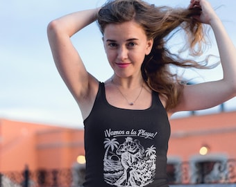 Travel Racerback-Tanktop with Vamos a la playa print, latin dance top
