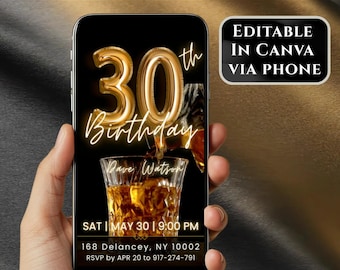 30th Birthday Invitation Video Editable Canva Template, Whiskey Theme Gold Black Party Invite, Mens Birthday Invitation, Digital Download
