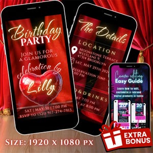 May include: Three smartphones displaying birthday party invitations. The main invitation features a heart-shaped balloon and the name "Lilly." The other screens show event details and a Canva editing guide. The background is red with gold accents.