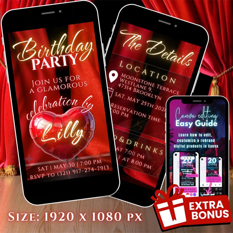 May include: Three smartphones displaying birthday party invitations. The main invitation features a heart-shaped balloon and the name "Lilly." The other screens show event details and a Canva editing guide. The background is red with gold accents.