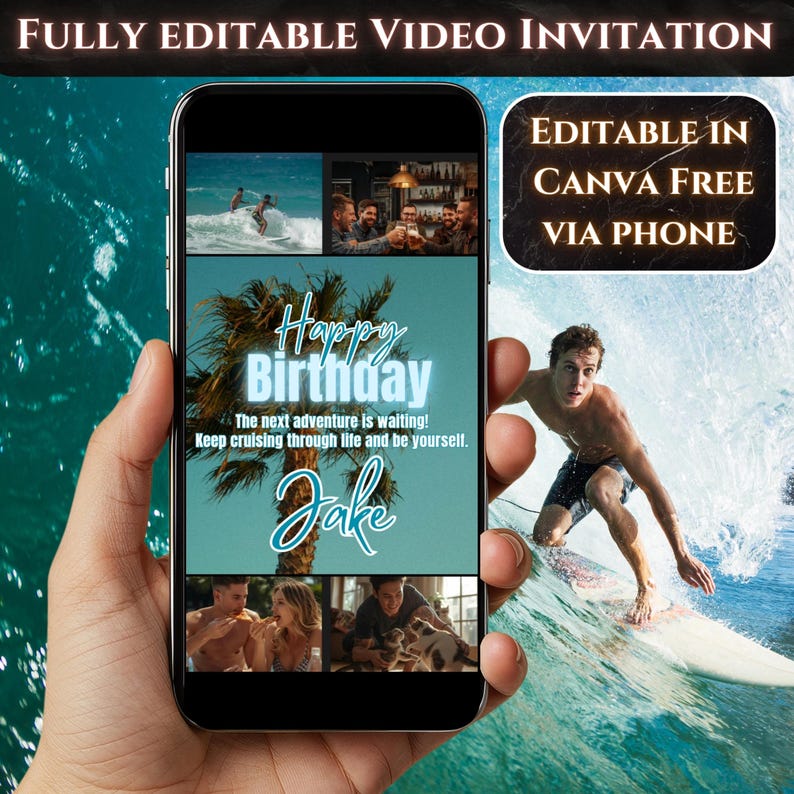 Beach digital birthday card, e-video card template, Birthday-message digital, download for phones, turquoise Surfer Theme Bild 1