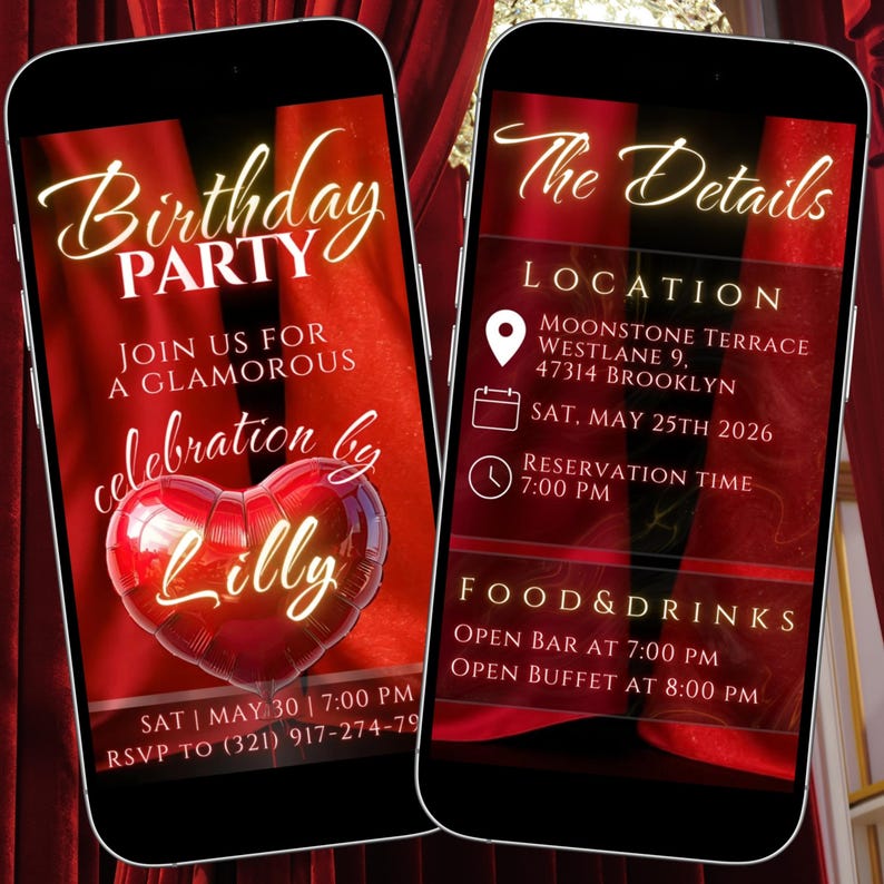 May include: Two smartphones displaying birthday party invitations against a red curtain backdrop. The left screen reads "Birthday Party" and "Join us for a glamorous celebration by Lilly." The right screen shows event details.