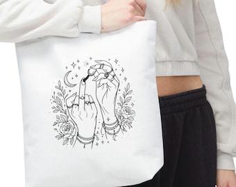 Soft Statement Aesthetic Middle Finger Tote Bag | Elegant Hands, Flowers & Moon