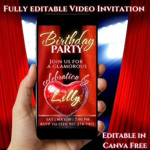 May include: A smartphone displays a birthday party invitation. The invitation features the text "Birthday Party" and "Join us for a glamorous celebration by Lilly." The design includes a red heart-shaped balloon and event details.