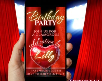 Birthday Invitation Template Canva Editable Red Glamorous Party Invite Digital Download Phone Invitation