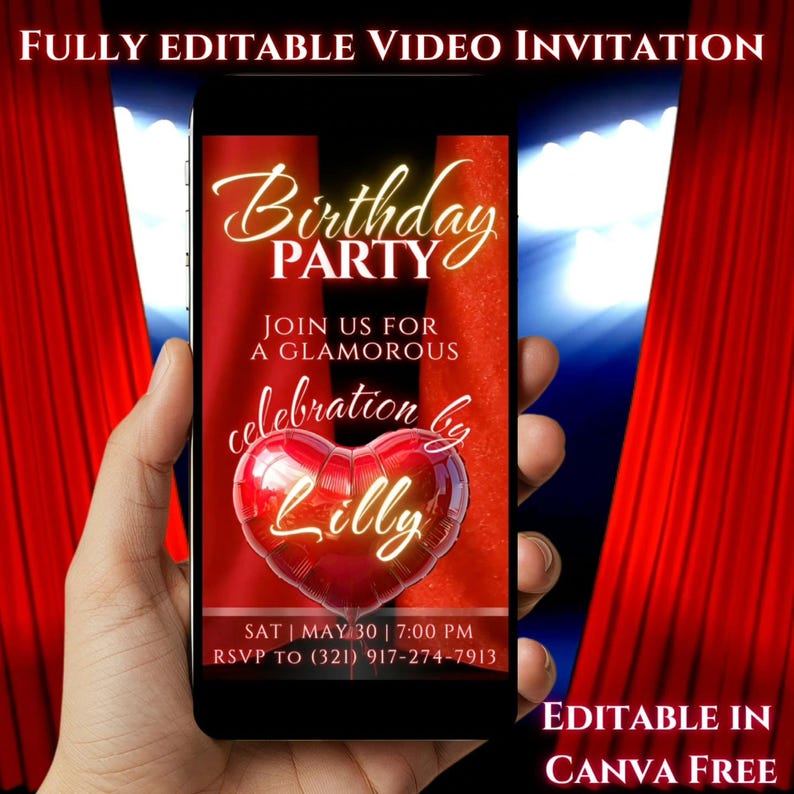 May include: A smartphone displays a birthday party invitation. The invitation features the text "Birthday Party" and "Join us for a glamorous celebration by Lilly." The design includes a red heart-shaped balloon and event details.