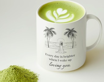 Coffee mug with beach and love theme, a gift for a partner featuring a romantic couple and a love quote.