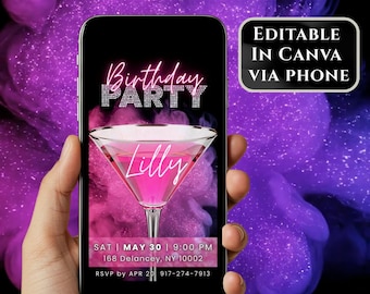 Editable Birthday Video Invitation Canva Template | Pink Neon Party Invite | Digital Birthday Invite Phone Editable | Girls Night Cocktail