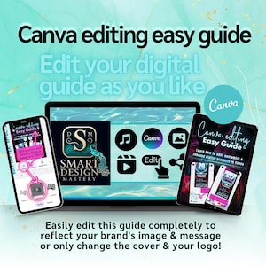 Könnte beinhalten: Das Bild zeigt eine digitale Anleitung zum Bearbeiten von Canva. Die Anleitung wird auf einem Laptop, einem Tablet und einem Smartphone angezeigt. Der Titel der Anleitung lautet "Canva editing easy guide". Das Bild zeigt auch das Smart Design Mastery-Logo und Canva-Symbole.