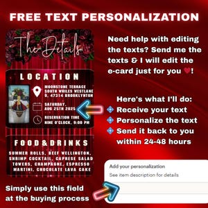 K&ouml;nnte beinhalten: Rote und schwarze E-Card-Design mit dem Text "The Details" und "Free Text Personalization". Die Karte enth&auml;lt Eventdetails: Ort, Datum, Uhrzeit und Men&uuml;. Anweisungen zur Textbearbeitung und Personalisierung sind enthalten.