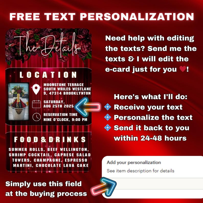 K&ouml;nnte beinhalten: Rote und schwarze E-Card-Design mit dem Text "The Details" und "Free Text Personalization". Die Karte enth&auml;lt Eventdetails: Ort, Datum, Uhrzeit und Men&uuml;. Anweisungen zur Textbearbeitung und Personalisierung sind enthalten.