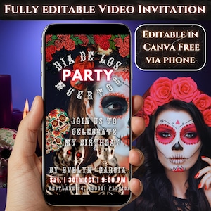 Day of the Dead Invitation | Digital Dia de los Muertos Invitation | Sugar Skull Family Friends Halloween Animated Invitation | DIY Editable