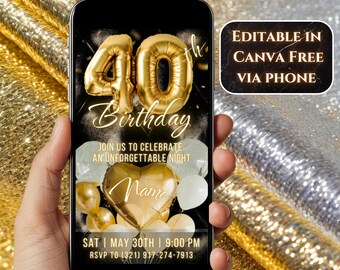 Luxury 40th Birthday Invitation Black Gold Template Editable Canva Milestone Party Digital Download