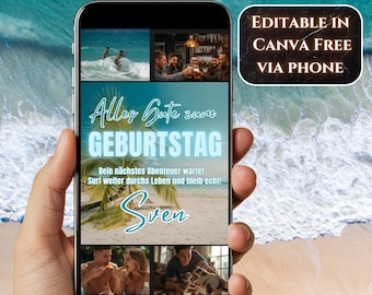 Digitale Geburtstagskarte für Männer – Personalisierte Surf Geburtstagseinladung als Geburtstagsgruß mit Fotos und Modernem Strand Design