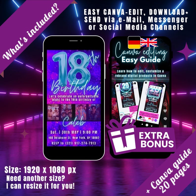 18th birthday invitation neon party invite Canva template, editable digital download for social media image 4