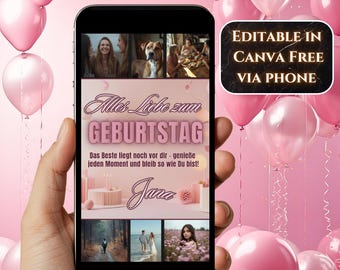 Geburtstagskarte digital mit Foto | Personalisierbare Canva E-Card | Alles Liebe zum Geburtstag | Rosa Blumen Design