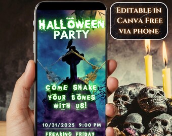 Editable neon Halloween invitation with dancing skeletons – Canva video template for a glowing spooky party