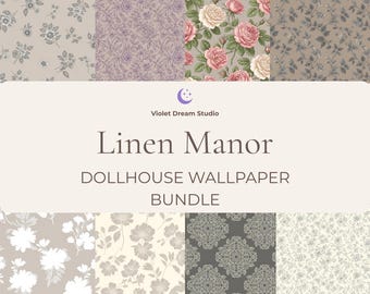 Collectie linnen landhuis poppenhuisbehang | 18 afdrukbare miniatuurachtergronden | Digitale download op schaal 1:12