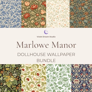 May include: A digital collection of eight floral patterned papers for dollhouses, featuring intricate botanical designs in various color palettes. The central text reads Violet Dream Studio Marlowe Manor DOLLHOUSE WALLPAPER BUNDLE.