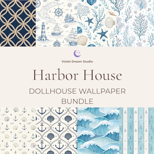 Harbor House Coastal Dollhouse Wallpaper Bundle | 15 Seamless Digital Papers | Vintage Nautical Designs