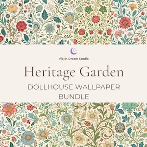 May include: A digital collection of dollhouse wallpaper patterns featuring intricate floral designs in shades of red, green, teal, and cream. The text Violet Dream Studio, Heritage Garden, and DOLLHOUSE WALLPAPER BUNDLE is centered on a light background.