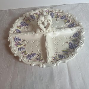VTG Lenwile Ardalt White Scrolled Heart Handled Dish Grape Design Divided serving dish JAPAN ROMANTIC