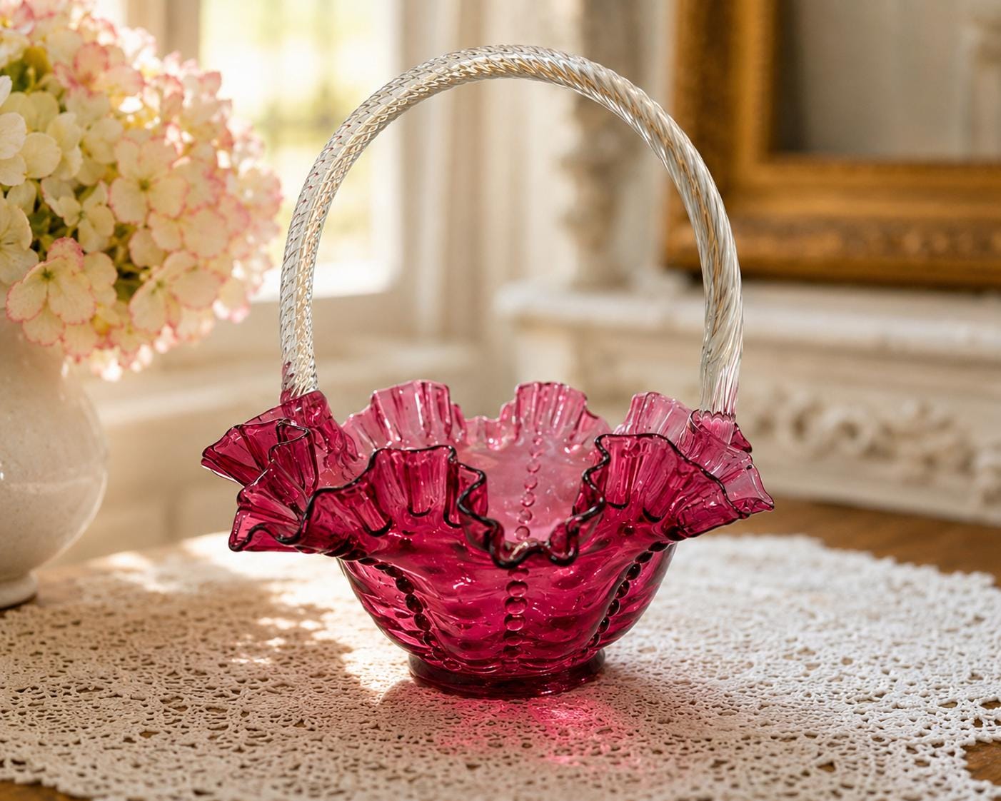 フェントン　フリルバスケット(花柄) Fenton Pink Glass Bride Basket - Etsy