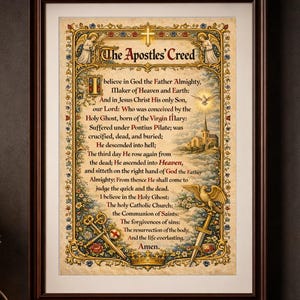 Può includere: Una stampa incorniciata di "The Apostles' Creed" con bordi e testo ornati. La stampa presenta una croce, un'illustrazione di una chiesa ed elementi decorativi. La cornice è marrone scuro e la stampa è esposta su una scrivania di legno.
