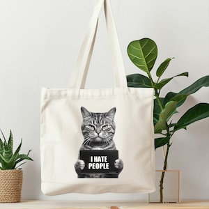 I Hate People Cat Tote Bag, Funny Canvas Bag, Gift for Cat Lovers, Eco-Friendly Shopping Bag, Quirky Pet Lover Gift