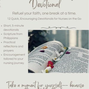 May include: A promotional image for a devotional book titled "Breaktime Blessings Devotional." The image features an open book with flowers and text that reads "Refuel your faith, one break at a time."