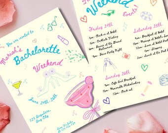 Junggesellinnenabschied Einladung & Reiseplan, bearbeitbare druckbare Vorlage, handgezeichnete bunte Partykarte, digitaler Download