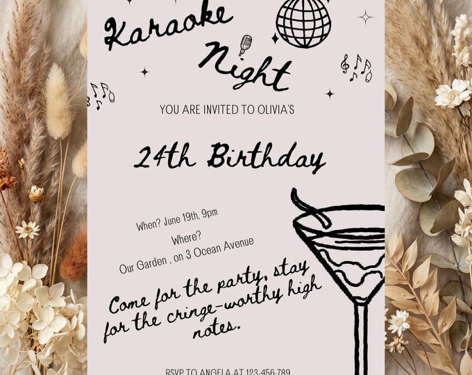 Funny Karaoke Birthday Invitation Editable Singing Party Invite Minimal Retro Karaoke Digital Canva Template