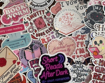 May include: A collection of colorful stickers with various designs and text. The stickers feature book-related themes, including the words "Book Worm," "Smutty," and "Book Club." Other stickers have phrases like "Short Reads After Dark" and "I Vow." The stickers are in various shapes and sizes.
