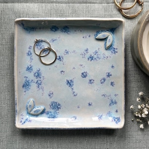 The Twin Leaf Tray - Nebula Blue | Square Ceramic Jewelry Dish