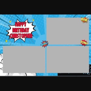 Może przedstawiać: Komiksowa ramka na zdjęcia urodzinowe z niebieskim tłem i białymi kropkami w półtonach. Ramka ma trzy miejsca na zdjęcia i dymki z tekstami "BOOM!" i "POW!". Tekst "HAPPY BIRTHDAY CHRISTOPHER" jest wyświetlany w dymku.