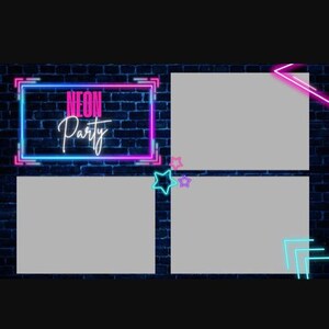 Może przedstawiać: Neonowy design ze słowami "NEON Party" w żywej, świecącej czcionce. Projekt przedstawia ciemne ceglane tło, neonową niebiesko-różową ramkę i cztery szare prostokąty.