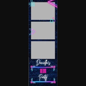 Może przedstawiać: Pionowy projekt paska z fotobudki z trzema pustymi ramkami na zdjęcia. Tło to ciemnoniebieska ceglana ściana z neonowymi różowymi i niebieskimi akcentami. Tekst "Daniella's NEON Party" jest wyświetlany czcionką neonową.