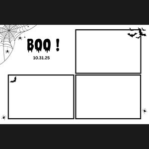 Może przedstawiać: Czarno-biały projekt o tematyce Halloween z napisem "BOO!" i datą "10.31.25". Projekt zawiera pajęczynę, pająki, nietoperze i cztery prostokątne ramki.