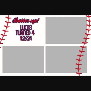 Może przedstawiać: Kolaż zdjęć o tematyce baseballowej z białym tłem i czterema szarymi polami na zdjęcia. Czerwone szwy baseballowe podkreślają krawędzie. Tekst brzmi "Batter up!" i "LUCAS TURNED 4 1.26.24" w kolorze czerwonym i niebieskim.