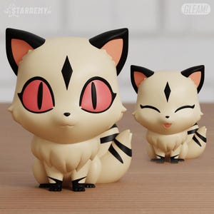 May include: Two cream-colored fox figurines with black ear tips, black tail stripes, and black paw markings. The larger figure has wide, pink eyes and a diamond-shaped forehead mark. The smaller figure has closed eyes and an open mouth. Text reads STARDEMY and GLEAM!.
