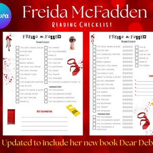 May include: A Freida McFadden reading checklist in red and white. The checklist includes book titles, check boxes, and a section for "My Favourites." The design features a red tie, a door, and a "Do Not Disturb" sign.