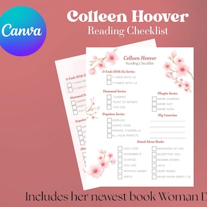 Puede incluir: Una lista de lectura de Colleen Hoover con un diseño floral rosa. La lista incluye títulos de las series "It Ends With Us", "Slammed", "Hopeless" y "Maybe", así como libros independientes. El texto "Includes her newest book Woman Down" está en la parte inferior.